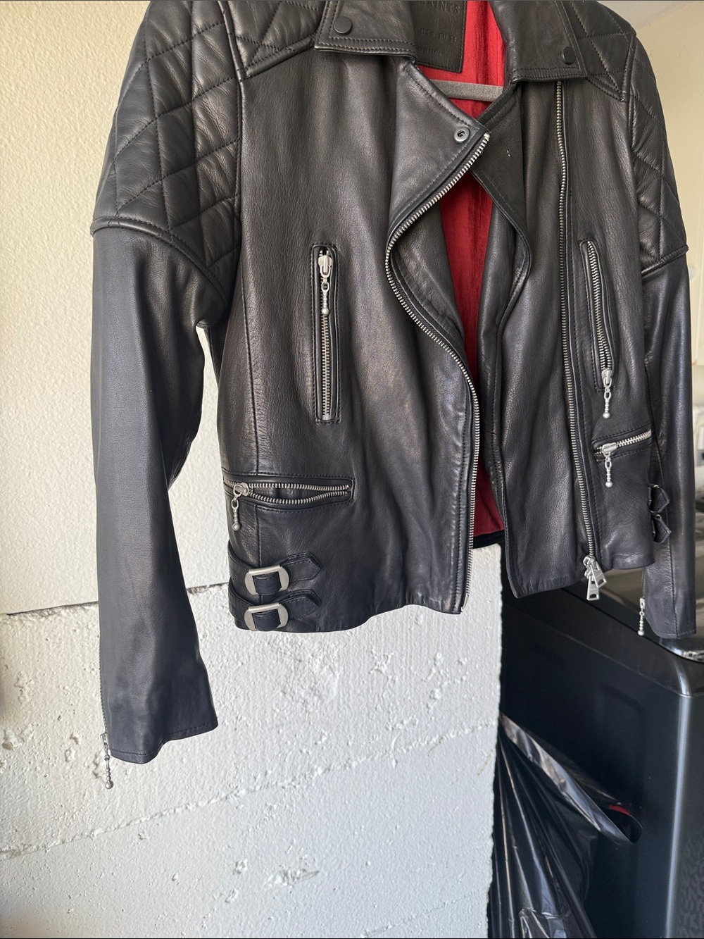 All Saints Black Leather Moto Jacket with Quilted Shoulders - Picture 4 of 4